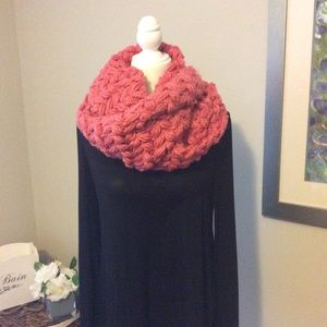 Hand knit coral infinity scarf